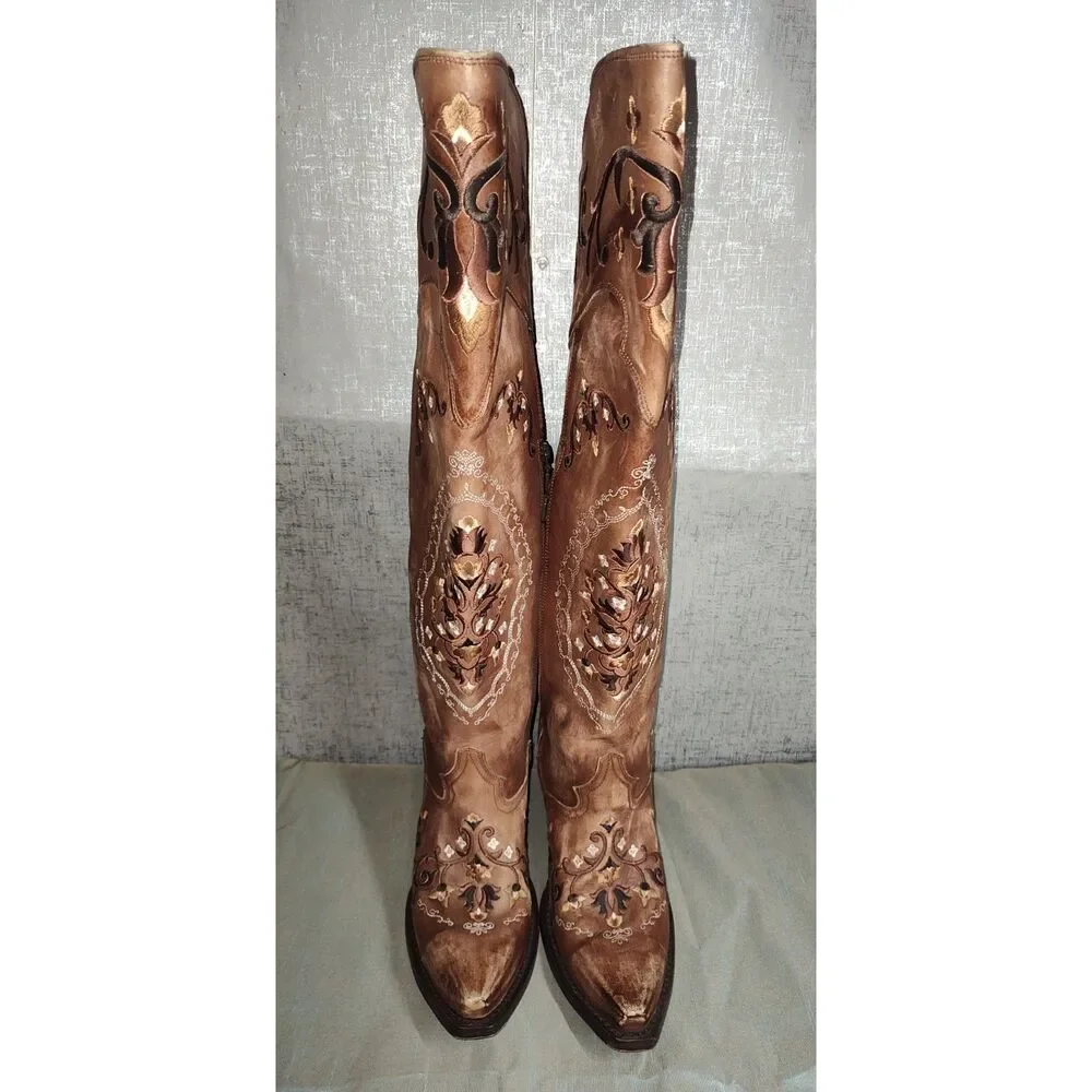 Dan Post Jilted Knee High Flower Embroidery Western Boots Sz 8.5M